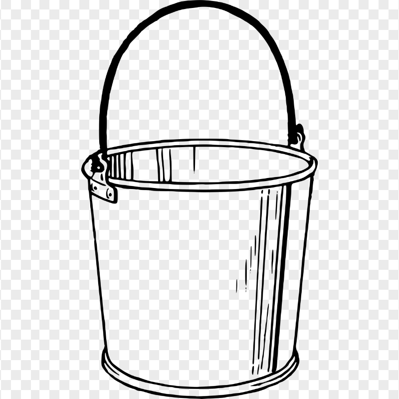 Simple black and white line art sketch of a classic bucket with a handle.