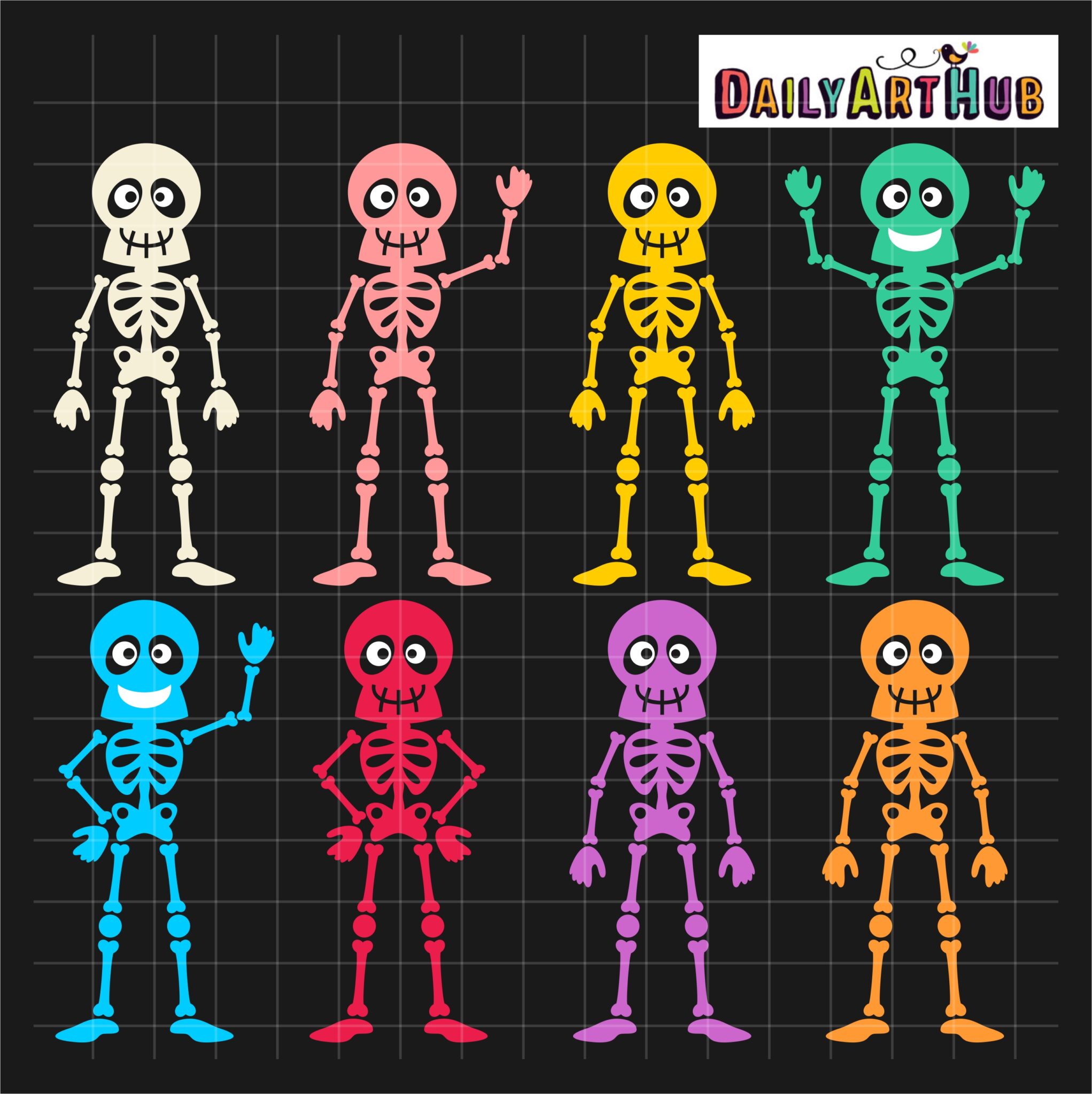 Colorful Cartoon Skeleton Clipart Set - Daily Art Hub