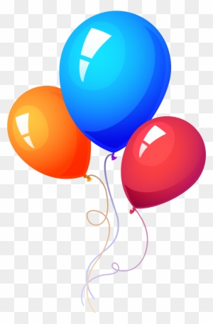 Three glossy balloons in blue, orange, and red floating with curly strings.