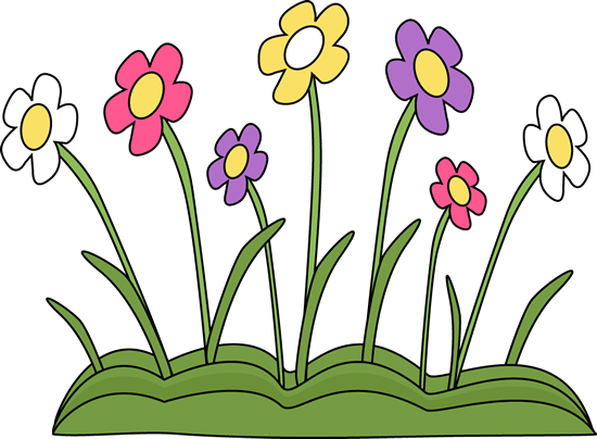 Colorful cartoon flowers including daisies and purple blooms growing in a green grassy patch.