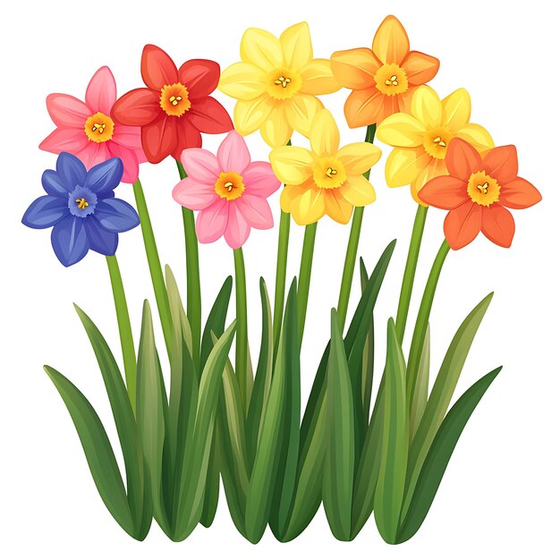 Colorful vector illustration of daffodil flowers in pink, red, yellow, orange, and blue with green stems.