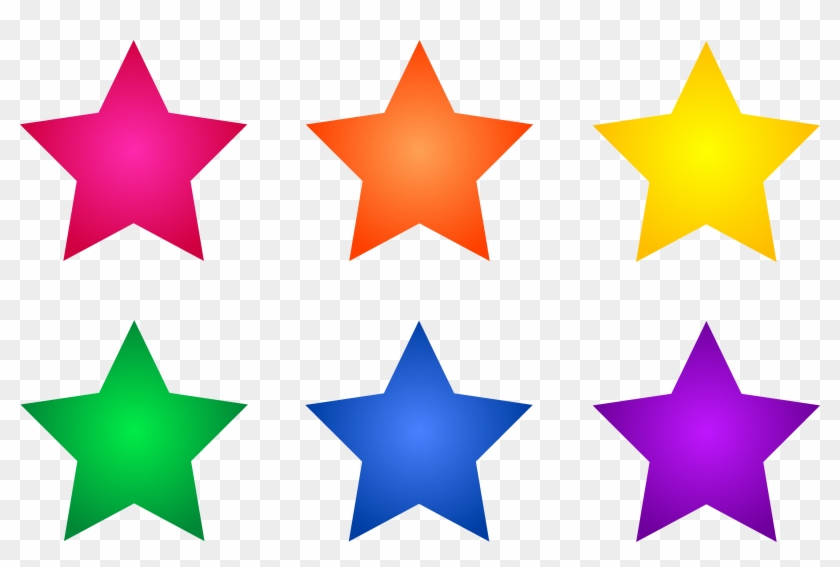 Six colorful five-pointed stars in pink, orange, yellow, green, blue, and purple on a transparent background.