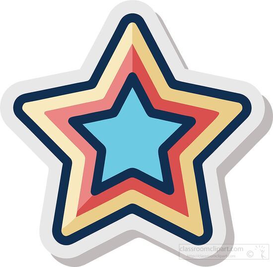 Multi-colored layered star sticker with blue center, red and yellow borders, and dark blue outlines.
