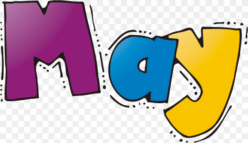 Colorful cartoon text reading May with purple, blue, and yellow letters on a transparent background.