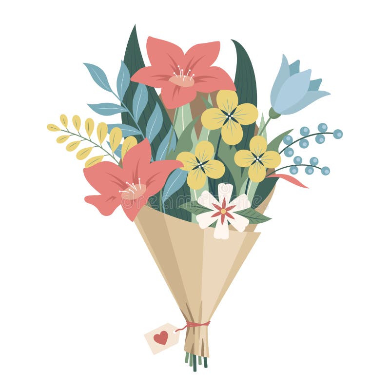 Colorful Spring Flower Bouquet Vector Illustration with Heart Tag