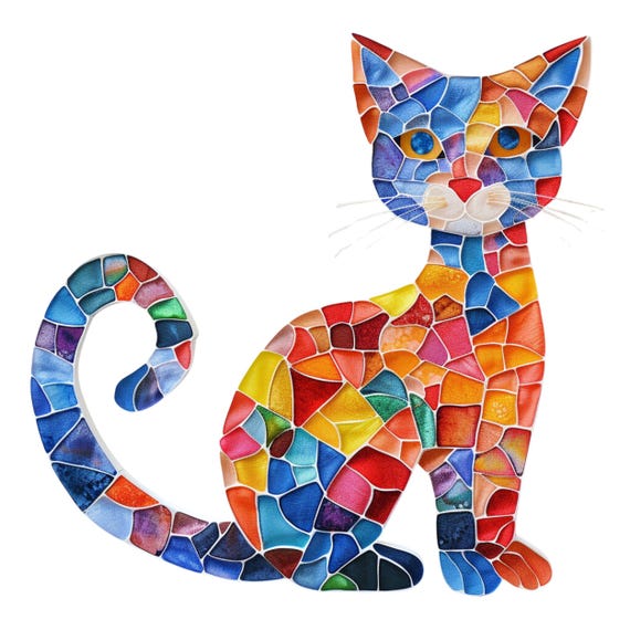 Colorful mosaic art illustration of a sitting cat with a curled tail.