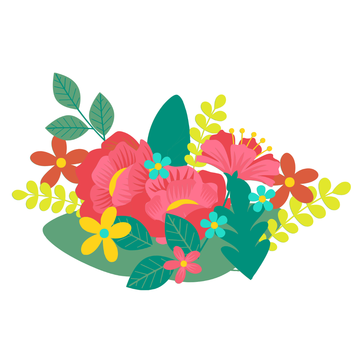 Flat vector illustration of a colorful floral bouquet with pink peonies, orange flowers, and green leaves.