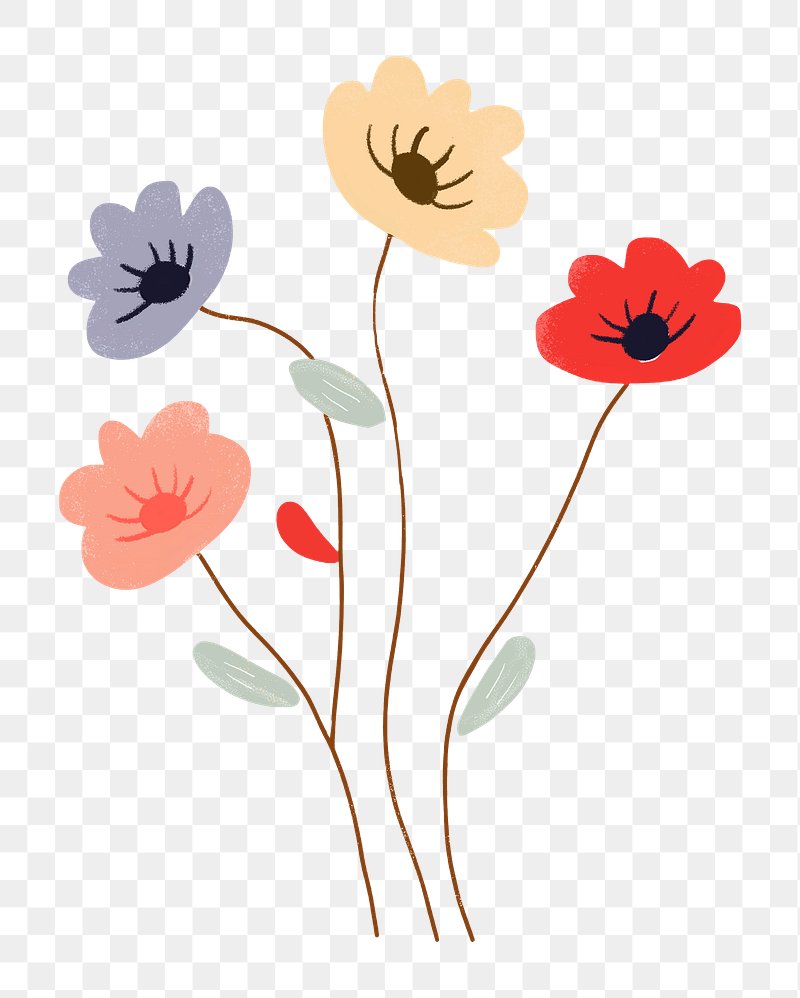 Illustration of four colorful stylized flowers with thin stems on a transparent background.