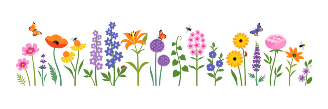 A vibrant horizontal border of colorful wildflowers, including poppies, lilies, and daisies, accompanied by butterflies and bees.