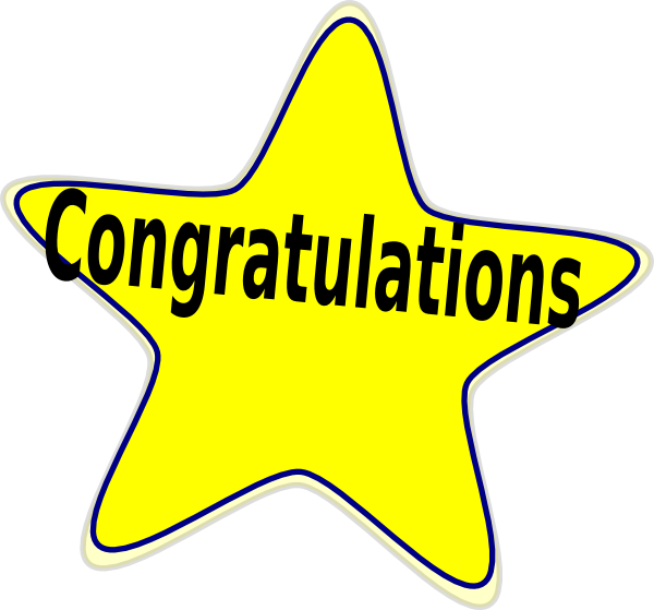 Yellow star graphic with the word Congratulations written across the center in black text.