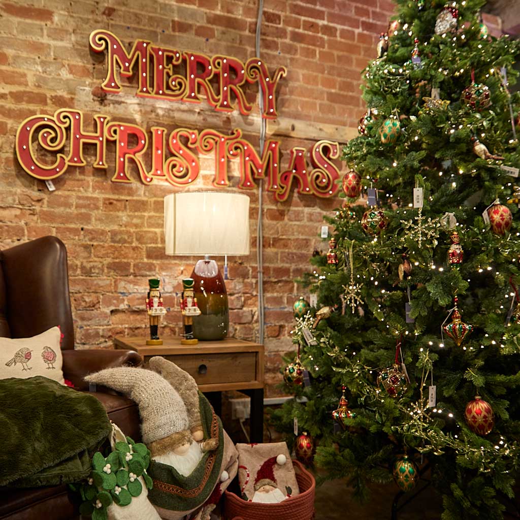 Cozy Rustic Christmas Decor with Illuminated Marquee Sign & Tree