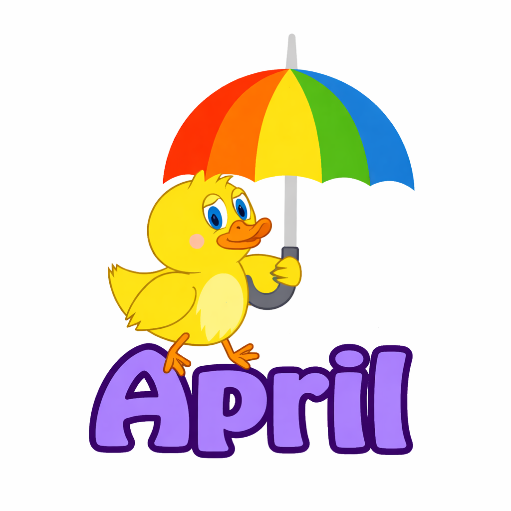 Cartoon yellow duckling holding a rainbow umbrella standing on the word April.