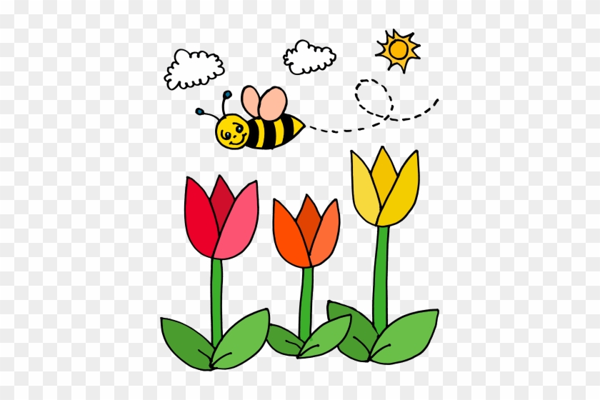 Cartoon illustration of a smiling bee flying above three colorful tulips under a sunny sky with clouds.