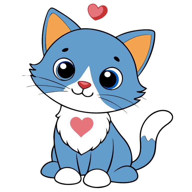Cute blue cartoon kitten with a pink heart on its chest and a floating heart above its head.