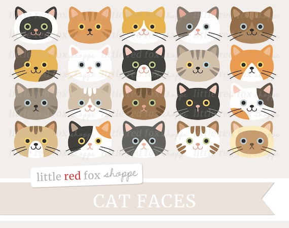Cute Cat Faces Clipart Collection - 20 Adorable Feline Illustrations