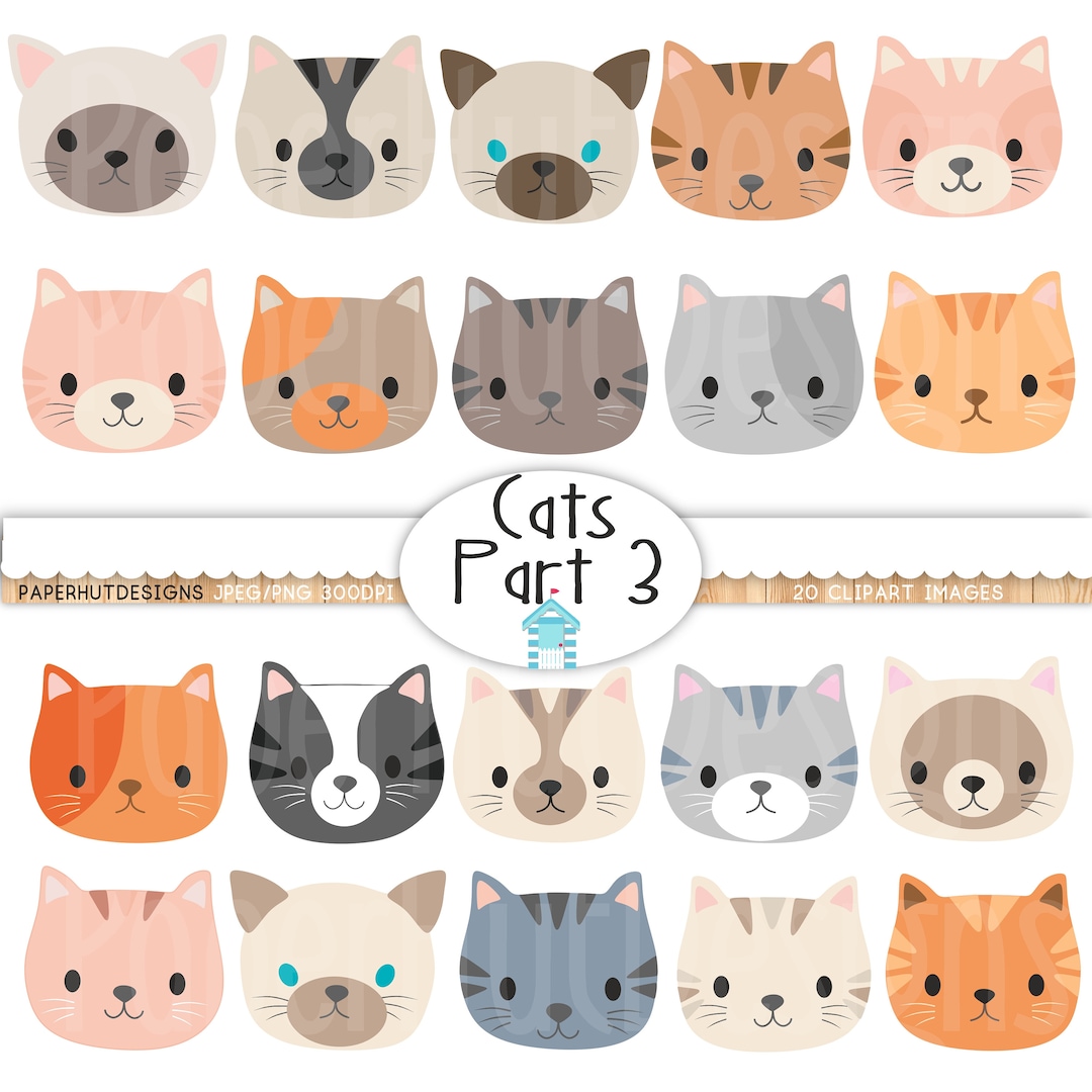 Cute Cat Faces Clipart Set Part 3 - 20 Colorful Vector Illustrations