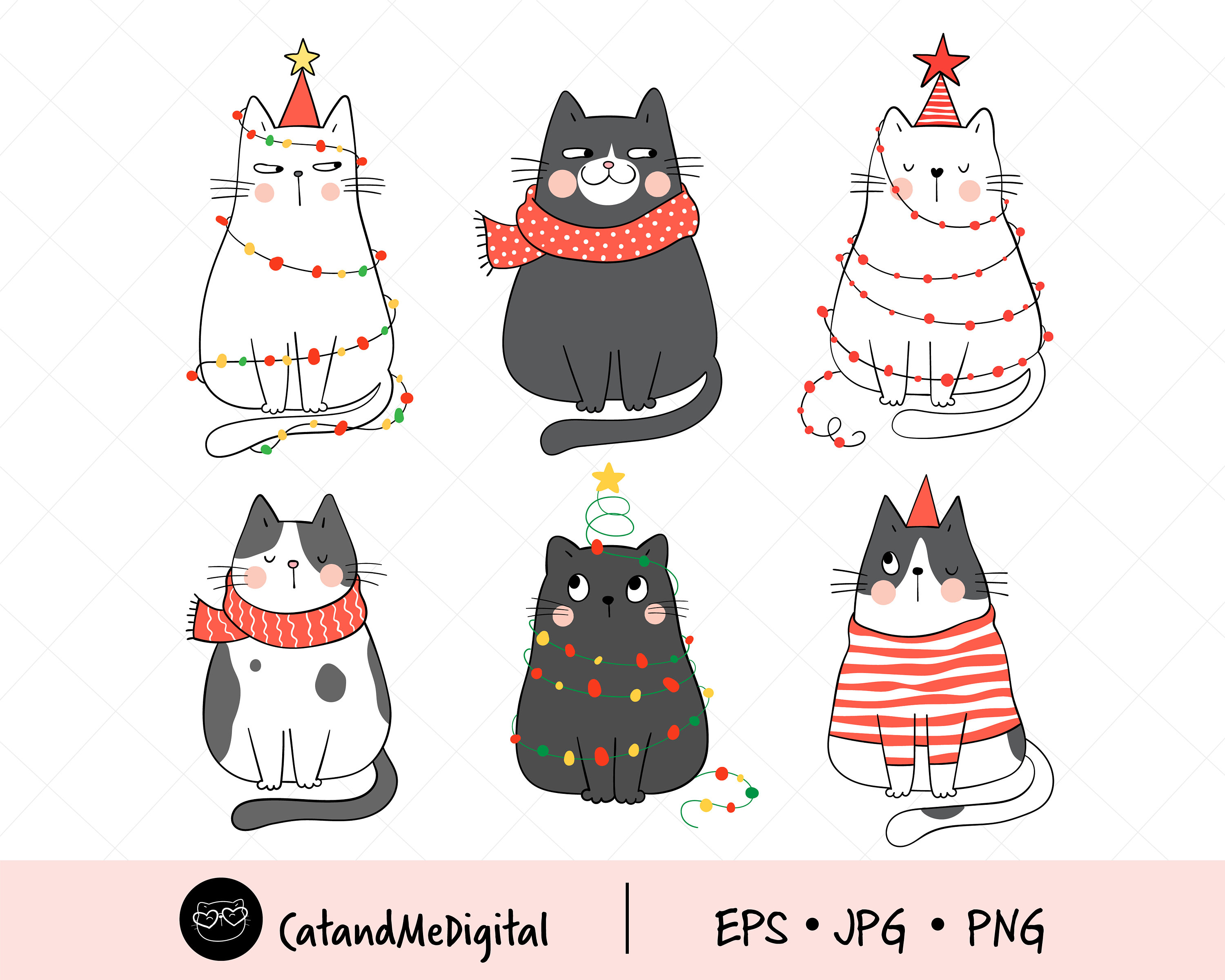 Cute Christmas Cat Clipart - Festive Holiday Vector Illustrations