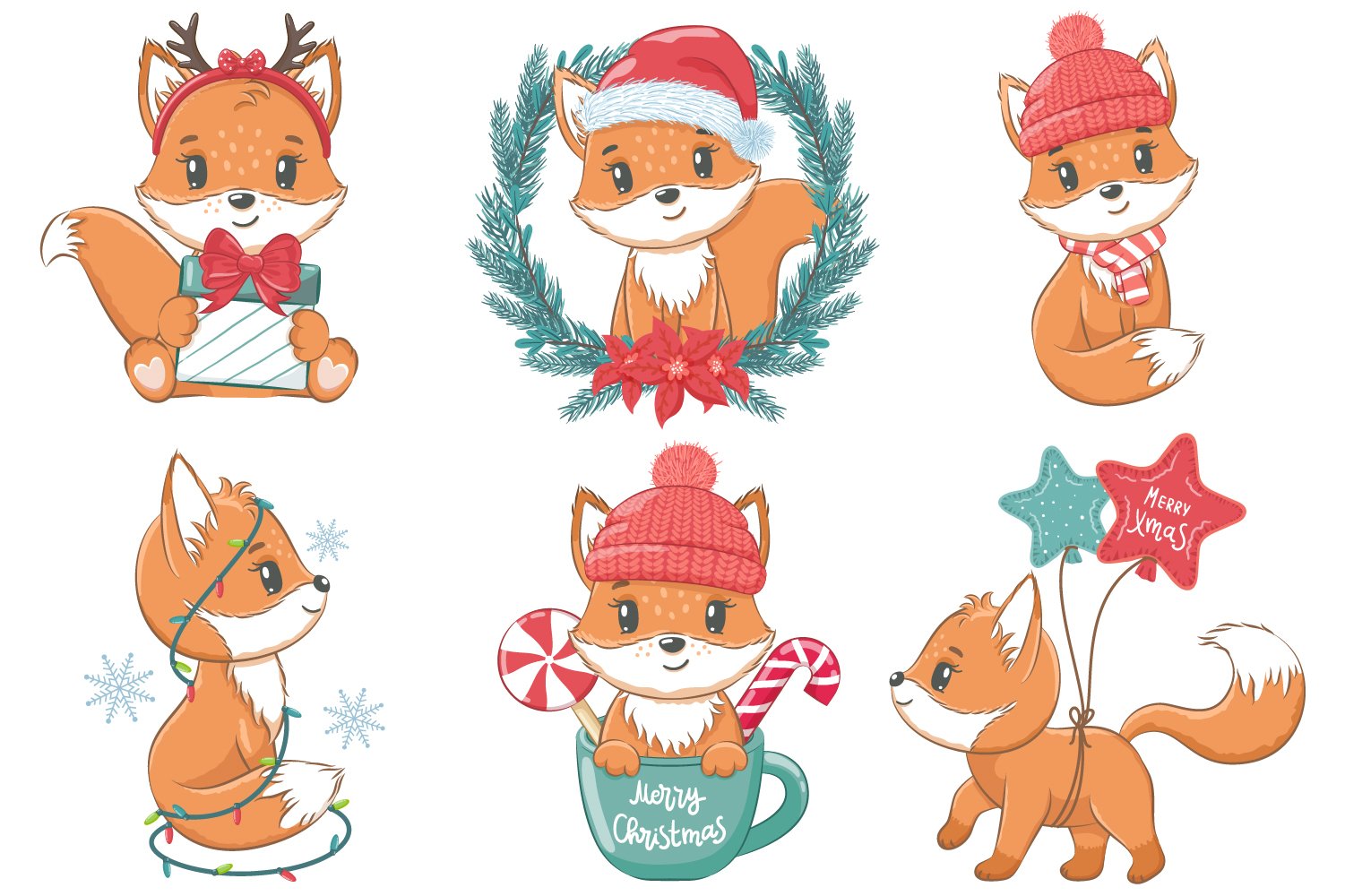 Cute Christmas Fox Illustrations and Holiday Vector Set