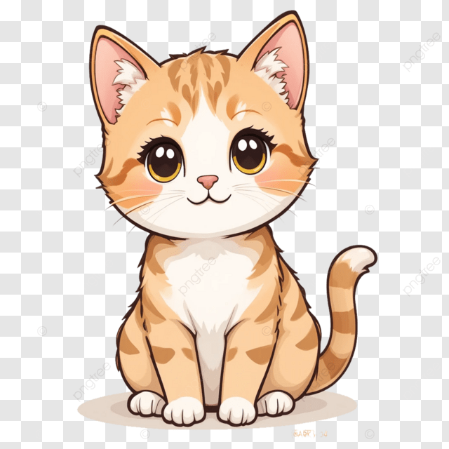 Cute cartoon ginger tabby kitten sitting with large expressive eyes and a striped tail.