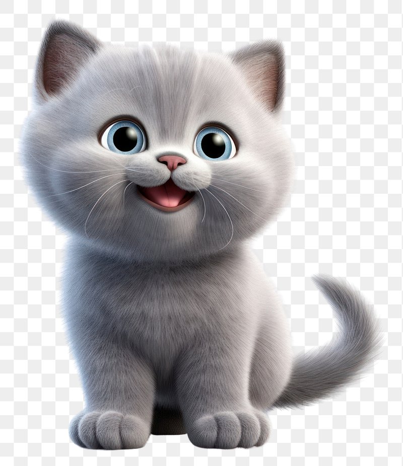 Cute animated gray kitten with big blue eyes and happy smile
