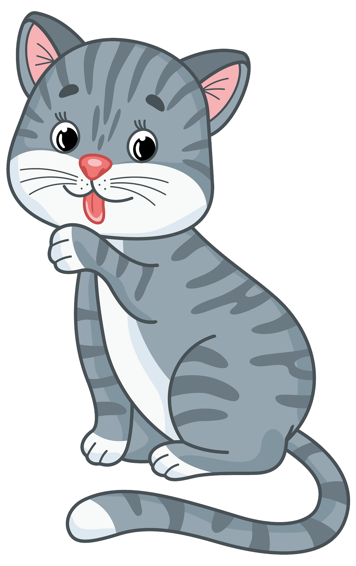 Cute gray tabby cat cartoon sitting and licking its lips with tongue out.