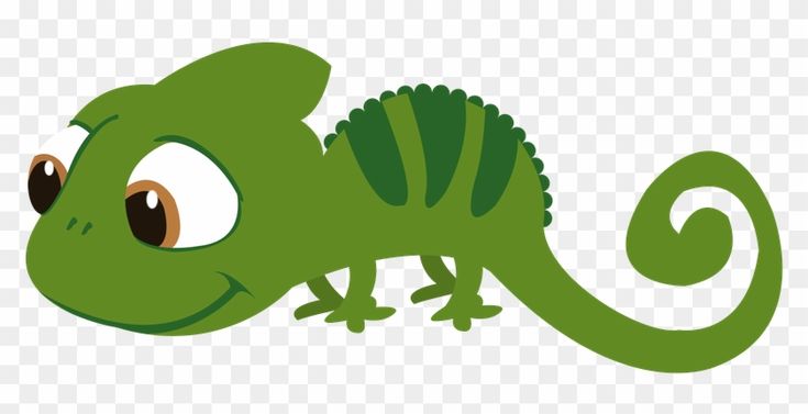 A cute green cartoon chameleon with big eyes and a curled tail on a transparent background.