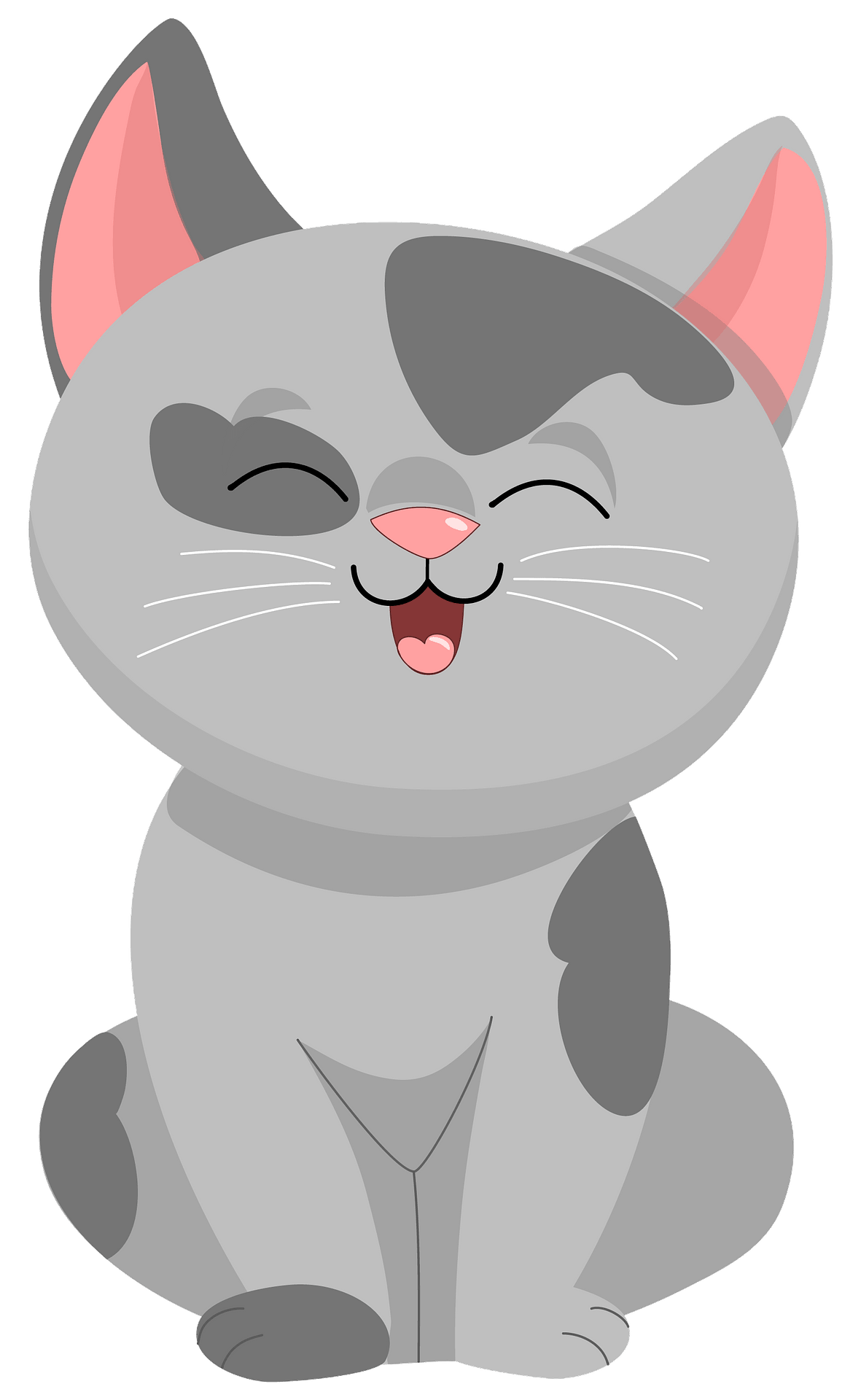A cute grey cartoon cat sitting with closed eyes and tongue sticking out happily.