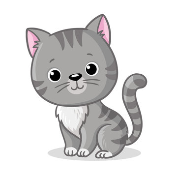 Cute grey cartoon cat sitting with pink ears and striped tail.