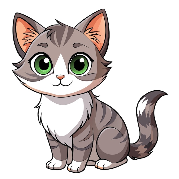 Cute cartoon grey tabby kitten with big green eyes sitting on white background.