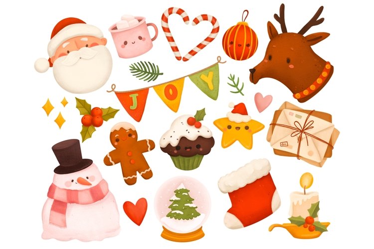Cute Kawaii Christmas Holiday Icons Clipart Set - Joyful Winter Illustrations