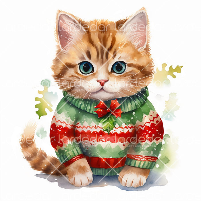 Adorable Orange Kitten in Festive Christmas Sweater | Holiday Art