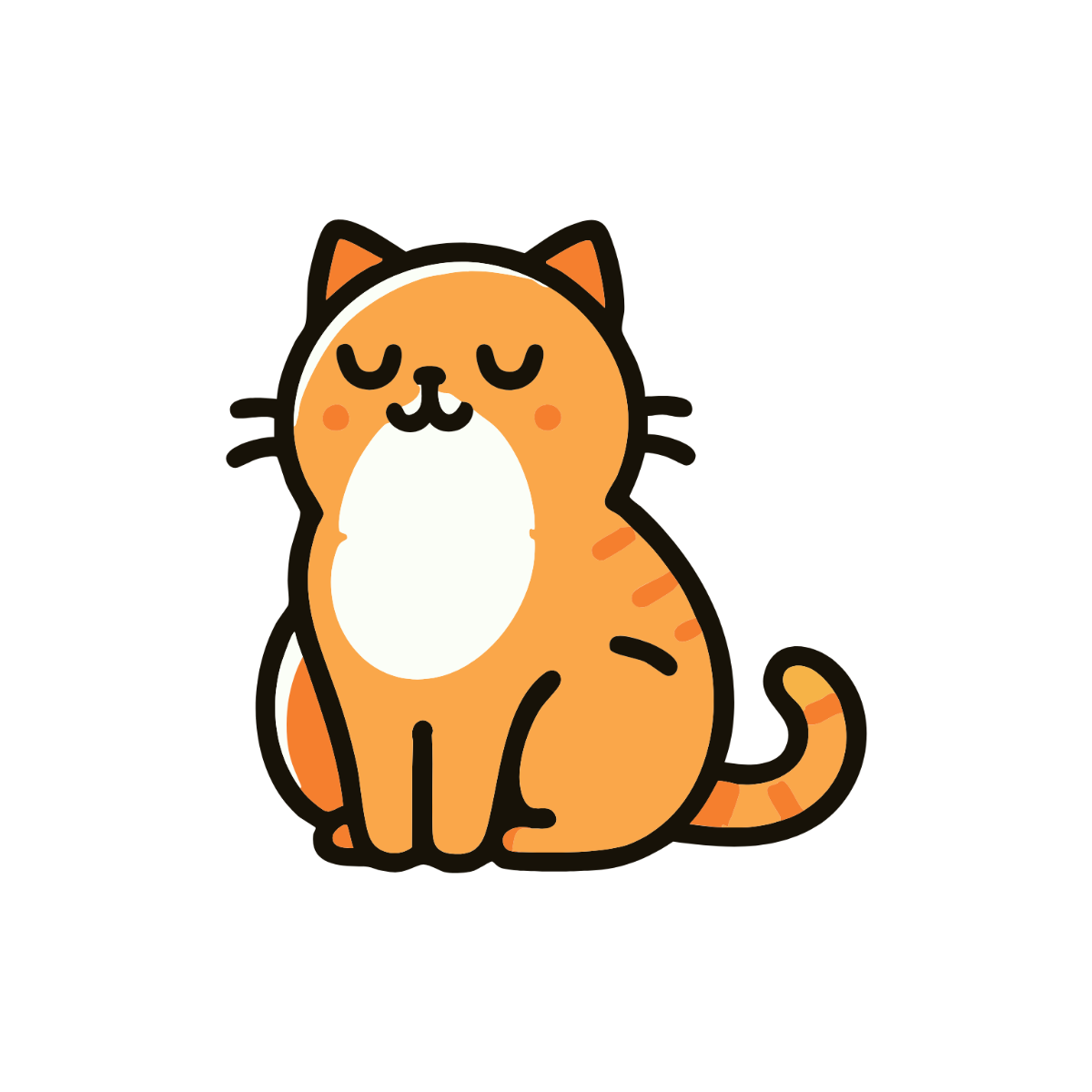 Cute cartoon orange tabby cat sitting with eyes closed and a happy expression.