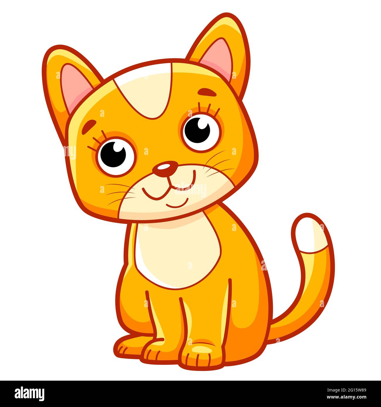 Cute cartoon orange tabby cat sitting with big eyes and white markings.
