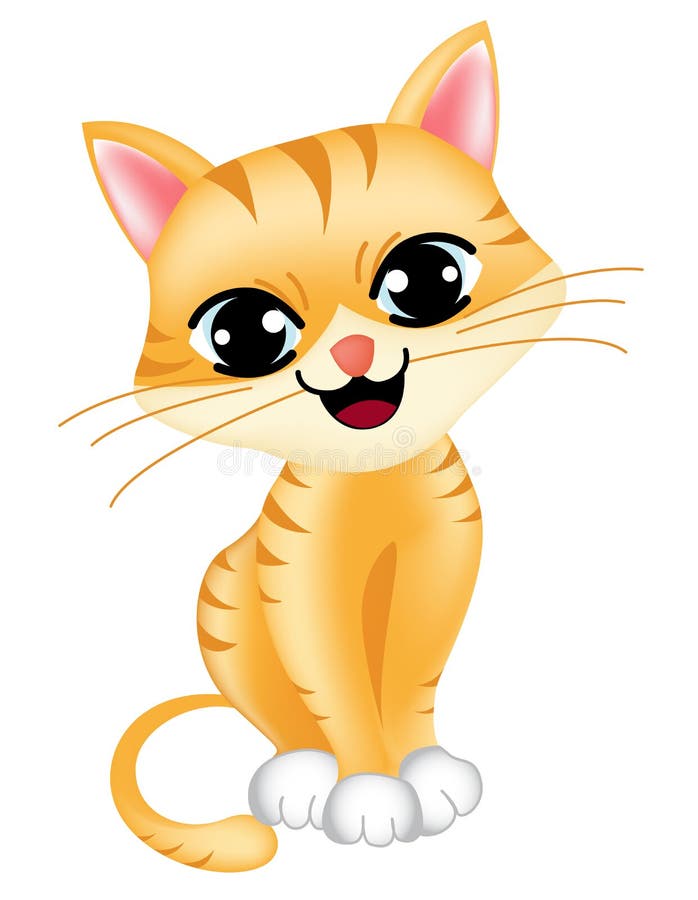 Cute orange tabby kitten cartoon illustration sitting with big eyes and a smile.
