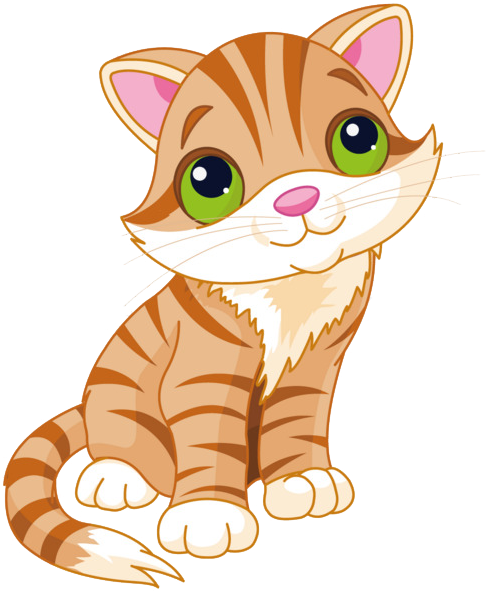 Cute cartoon orange tabby kitten sitting with big green eyes and white paws.