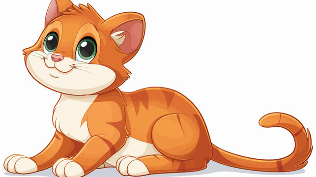 Cute cartoon orange tabby kitten sitting with big green eyes and white paws.