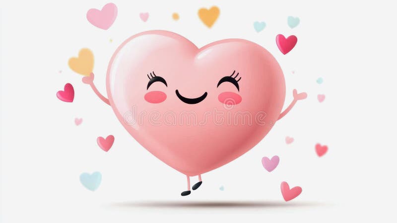 Cute 3D Pink Heart Character Jumping with Joy - Love Illustration