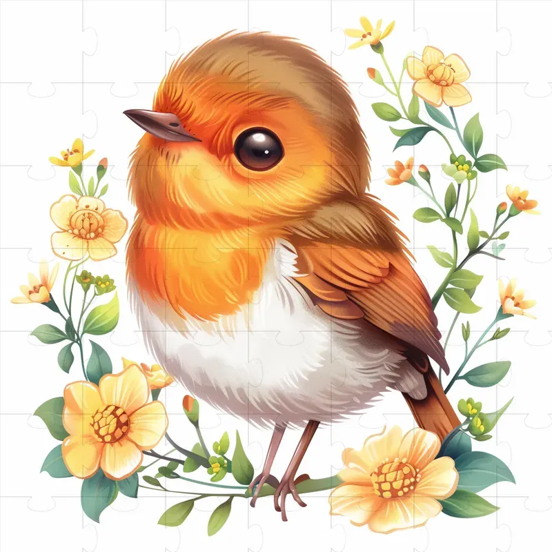Cute robin bird illustration with orange breast surrounded by yellow wildflowers and green leaves.