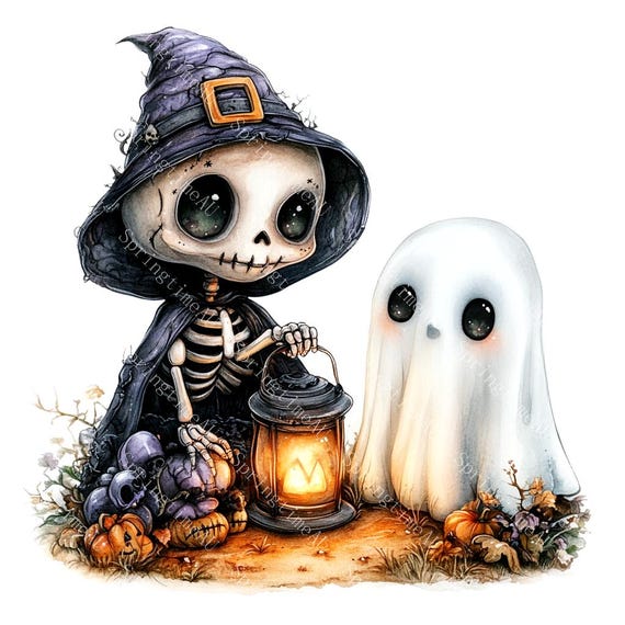Cute Skeleton Witch and Ghost Halloween Illustration