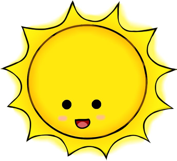 Cute yellow cartoon sun with a smiling face and rosy cheeks.