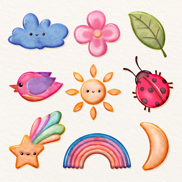 Cute Watercolor Nature Icons Set: Kawaii Weather, Animals & Plants