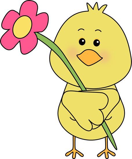 Cute yellow cartoon chick holding a pink flower.