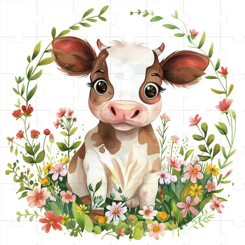 Cute Baby Cow in Floral Wreath Illustration