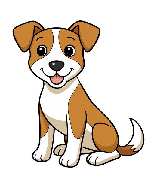 Cute cartoon brown and white puppy sitting and smiling.
