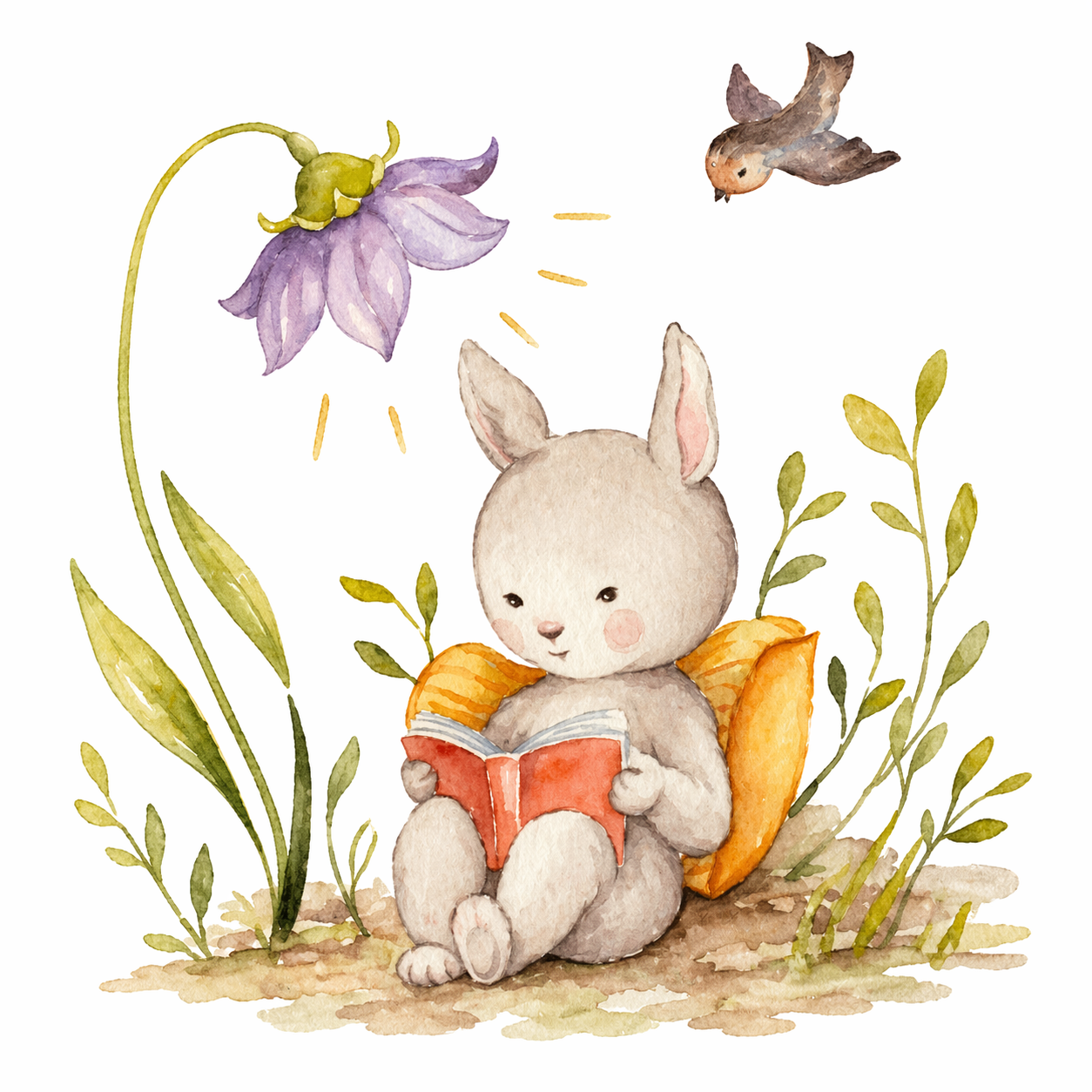 Watercolor illustration of a cute bunny reading a red book outdoors with a bird and purple flower.