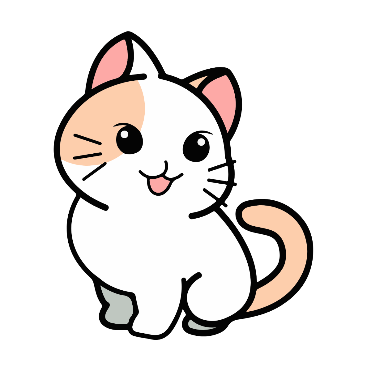Cute cartoon calico cat sitting with a happy expression and tongue out.