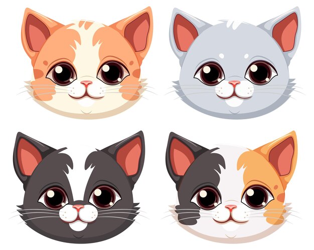 Adorable Cartoon Cat Faces Collection - Cute Kitten Vector Art