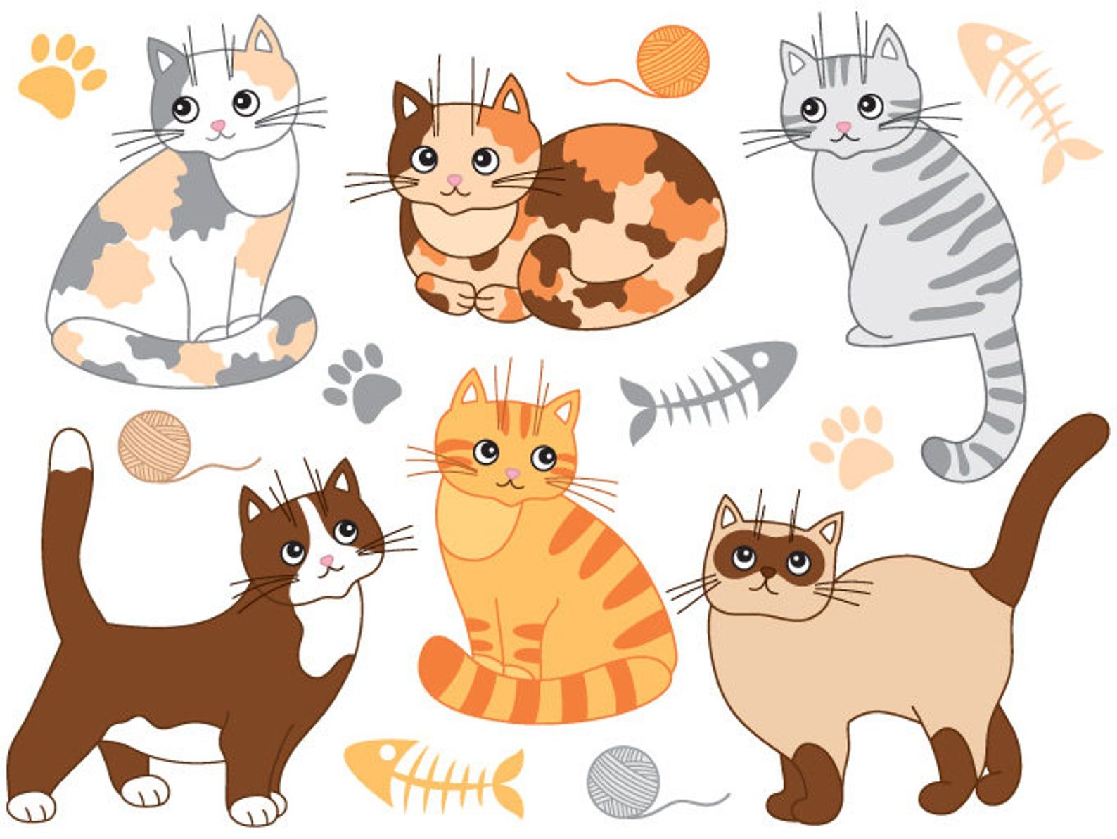 Cute Cartoon Cats Vector Illustration Set with Yarn and Fish Bones
