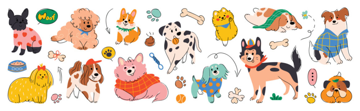 Cute cartoon dog illustrations featuring various breeds, poses, and accessories like bones and toys in a flat vector style.
