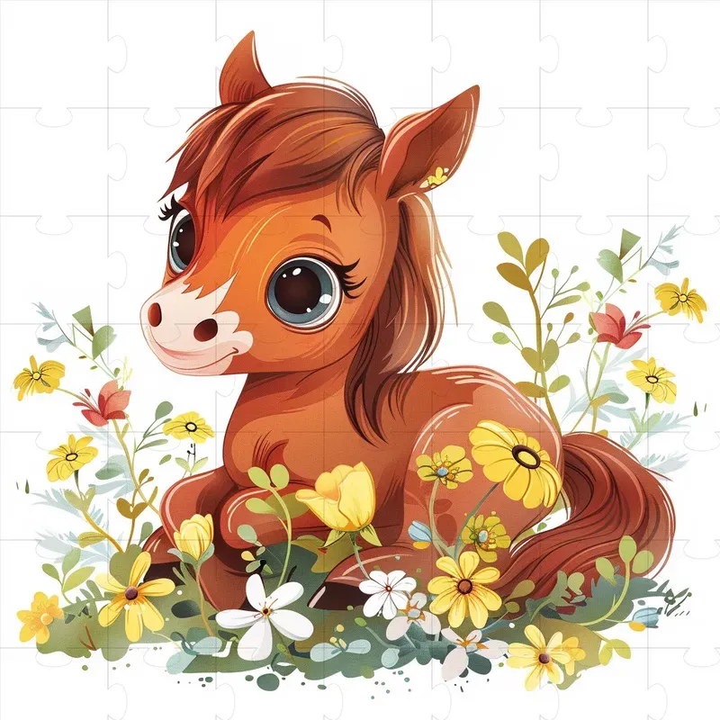 Cute Cartoon Pony in Flowers - Adorable Baby Horse Illustration